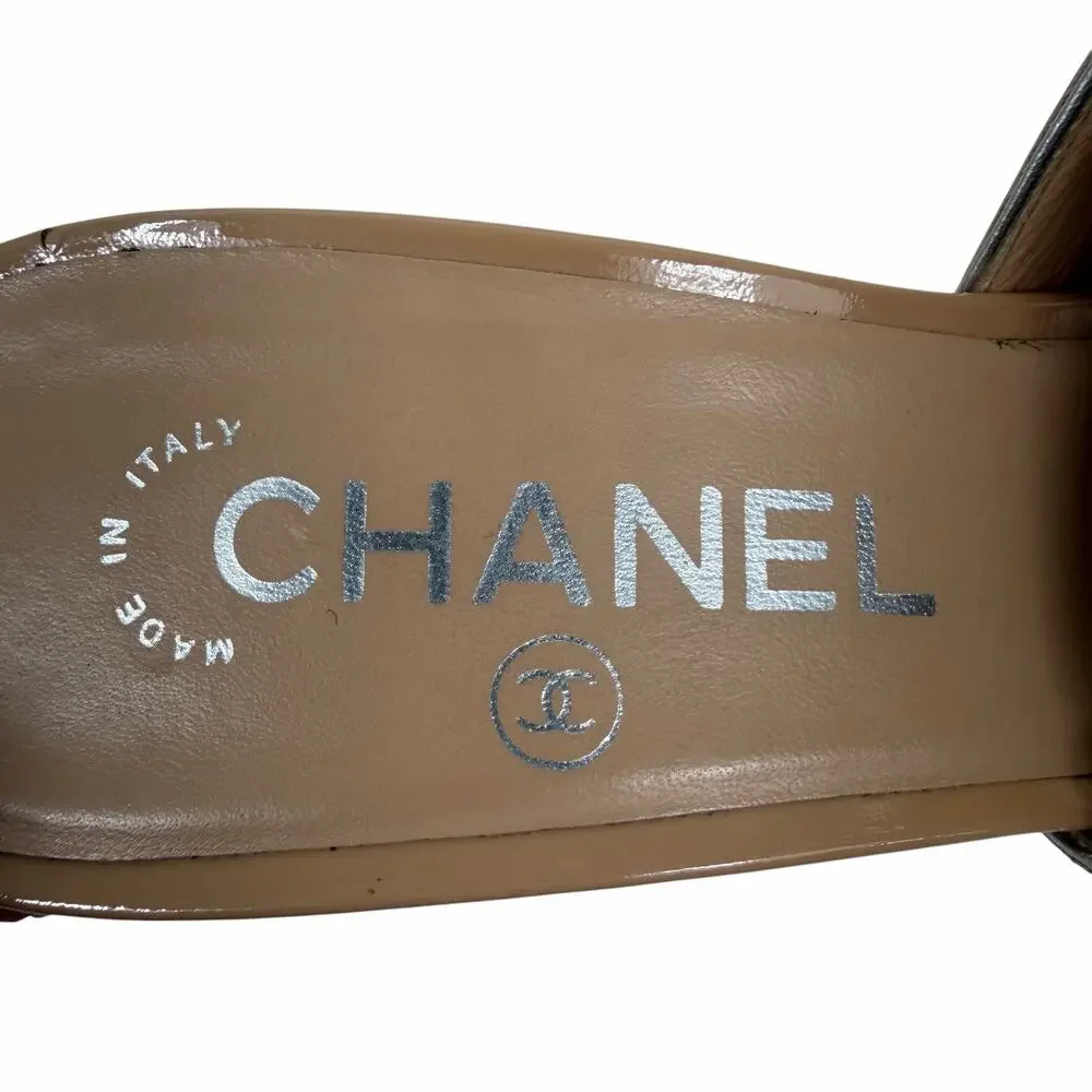 Chanel Camellia CC Logo Patent Leather Mule Sandal Beige Size 37.5